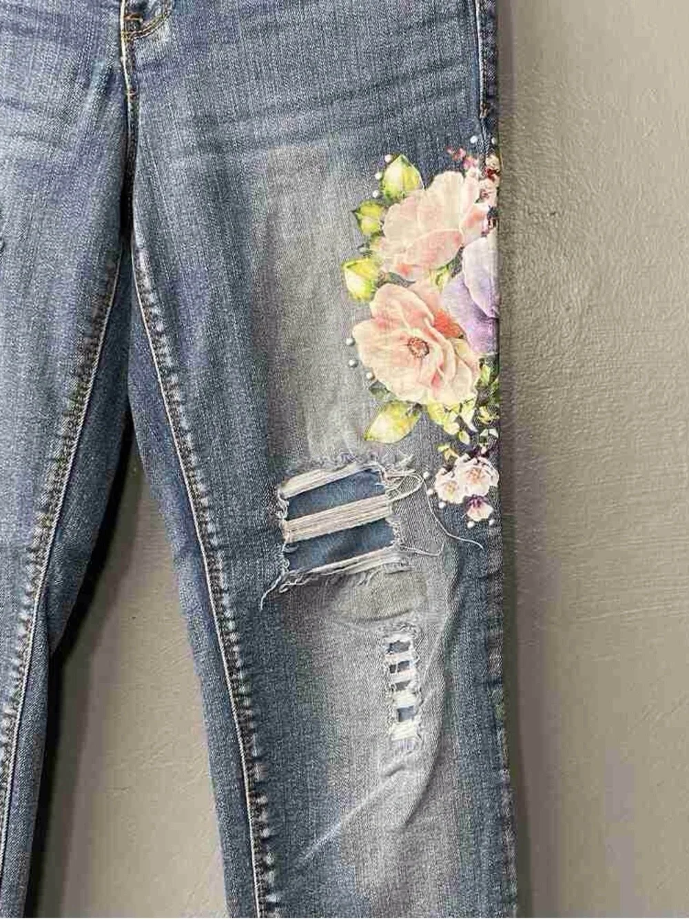 Daisy Blue Skinny Jeans with Pink Floral Accent